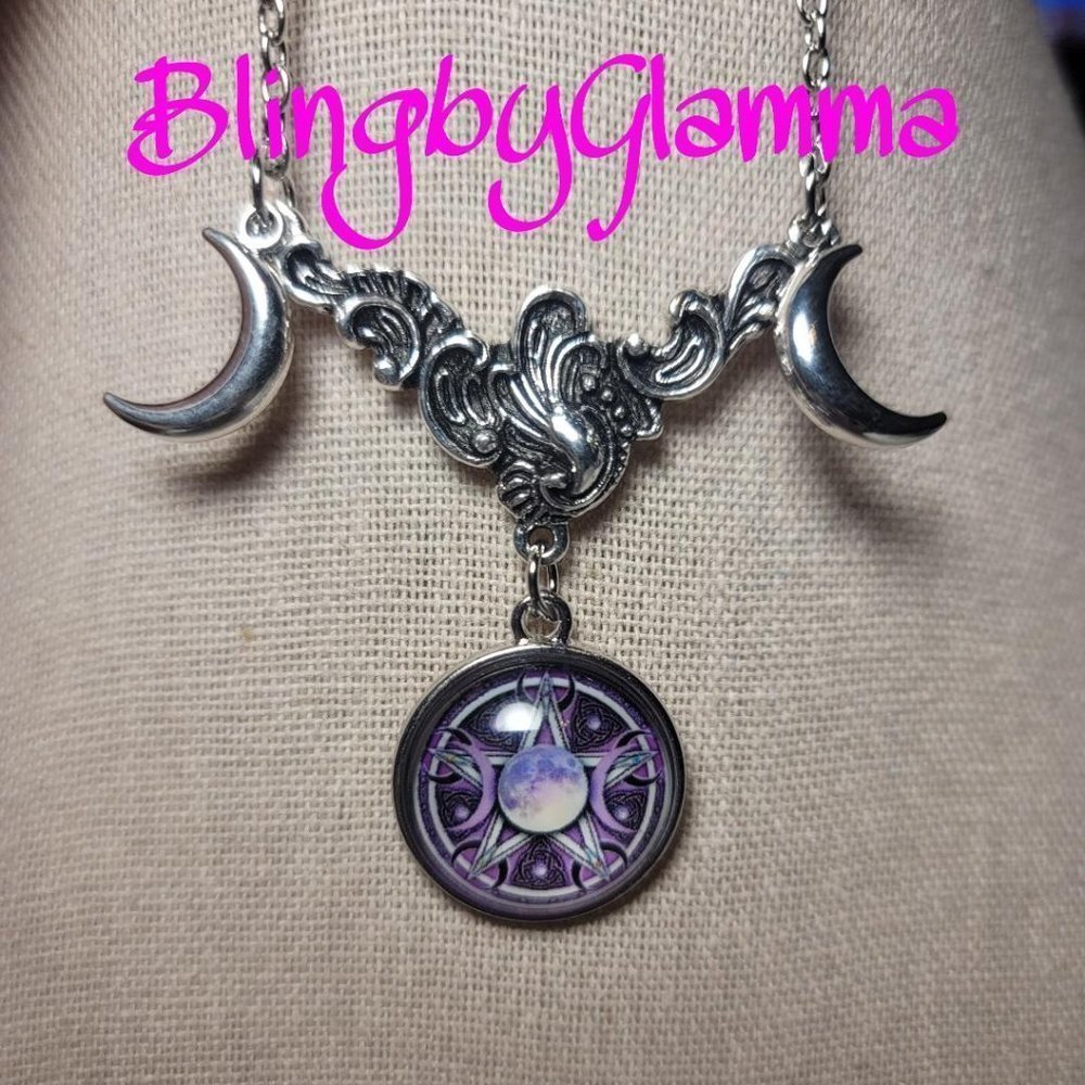 Purple New Moon Pentagram Wicca Cabochon NeckLace